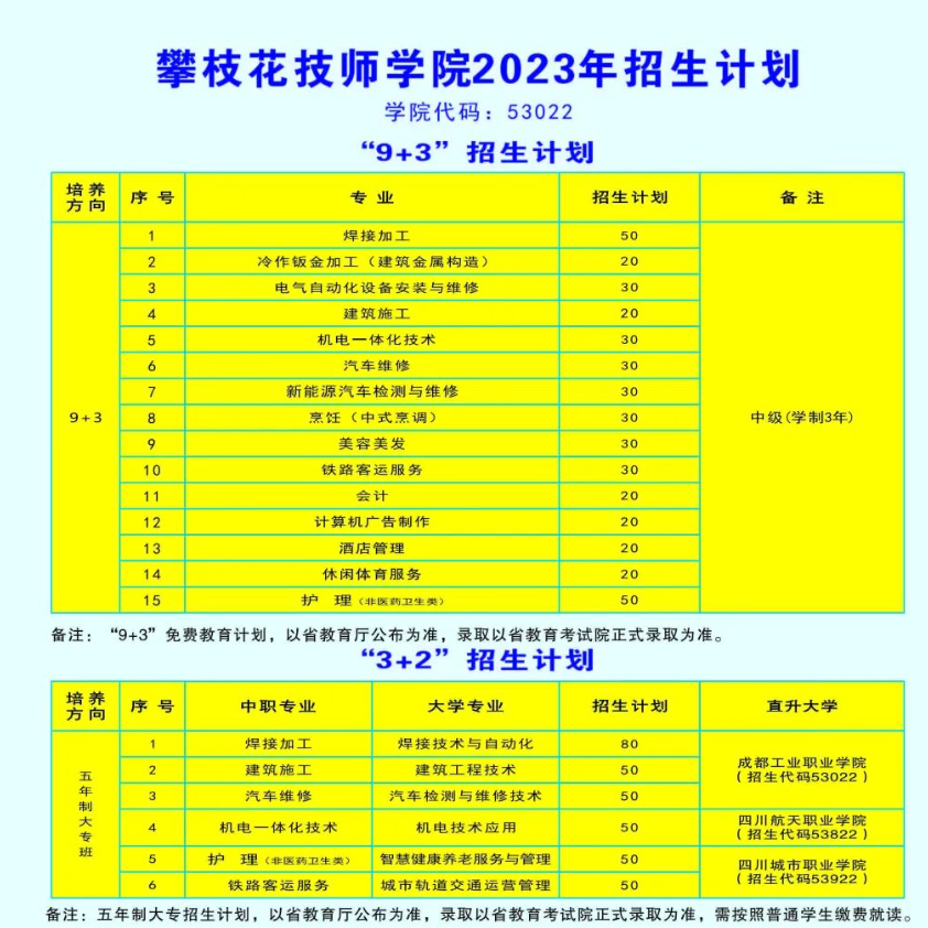 四川省攀枝花技师学院2023年“9+3”免费教育计划招生计划